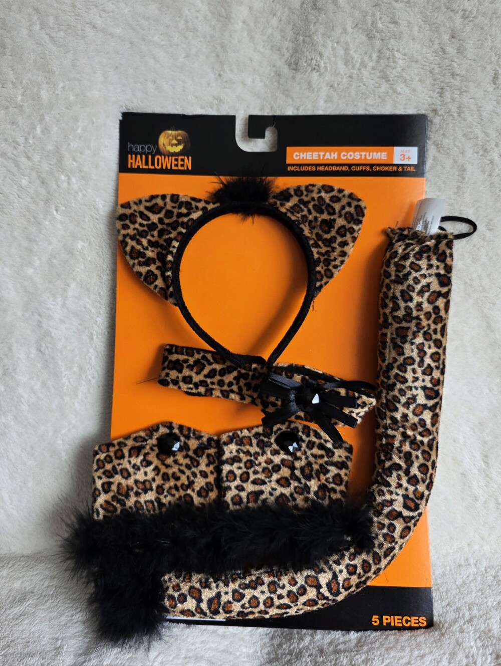 Happy Halloween Cheetah Costume Set 5pc Headband Cuffs Choker Tail Leopard Print
